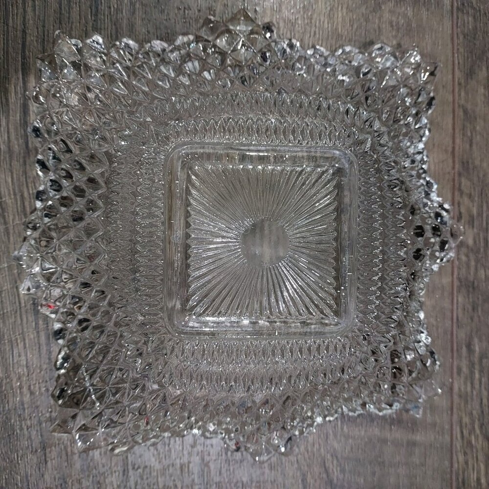 Clear Depression Glass Diamond Cut Candy Dish Candle Holder Sawtooth Edges Set 3 - Picture 8 of 12